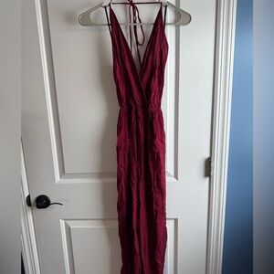 Lulus Burgundy Halter‑Neck Open‑Back Jumpsuit